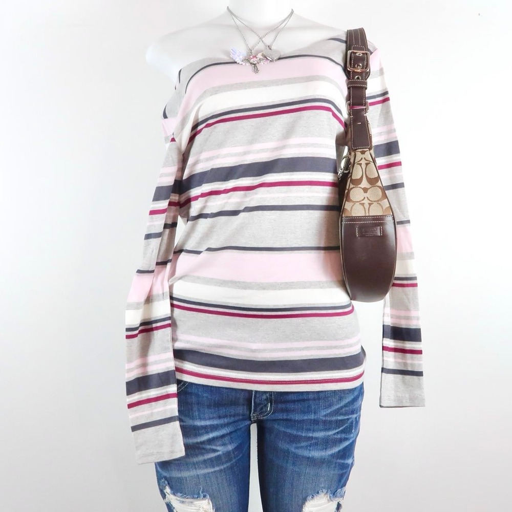 vintage y2k pink gray striped long sleeve top 2000s off shoulder